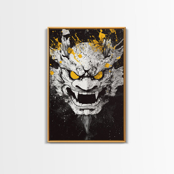 Dragon Demon Face Gold Canvas Print, Splatter Style Wall Decor, Fierce Mythical Mask Art, Real Wood Frame, Tribal Home Accent