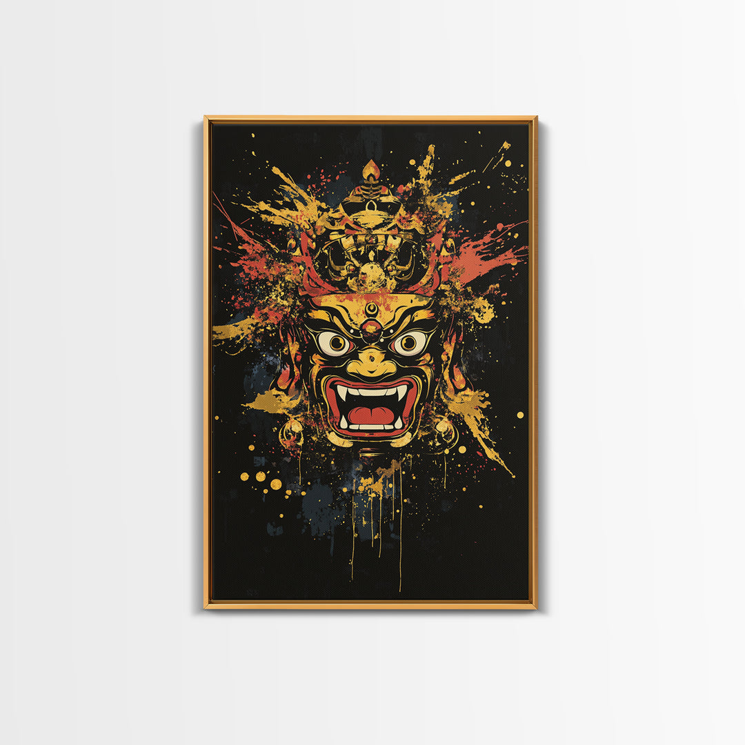 Fierce Mask Gold Canvas Print, Splatter Art Wall Decor, Bold Tribal Mythical Face Art, Real Wood Frame, Statement Home Accent