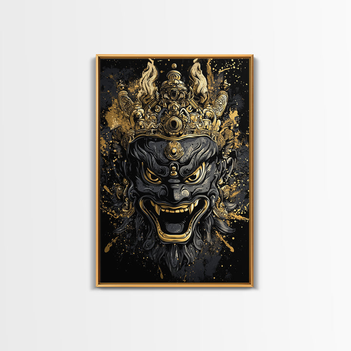 Intricate Demon Mask Gold Canvas Print, Splatter Style Wall Decor, Fierce Mythical Face Art, Real Wood Frame, Tribal Accent