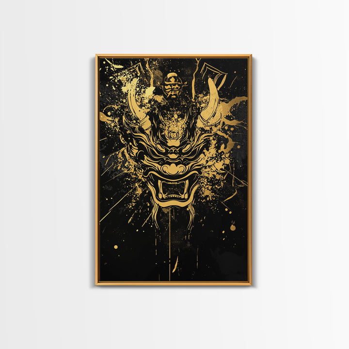 Samurai Demon Mask Gold Canvas Print, Splatter Style Wall Decor, Warrior Inspired Wall Art, Real Wood Frame, Tribal Home Accent