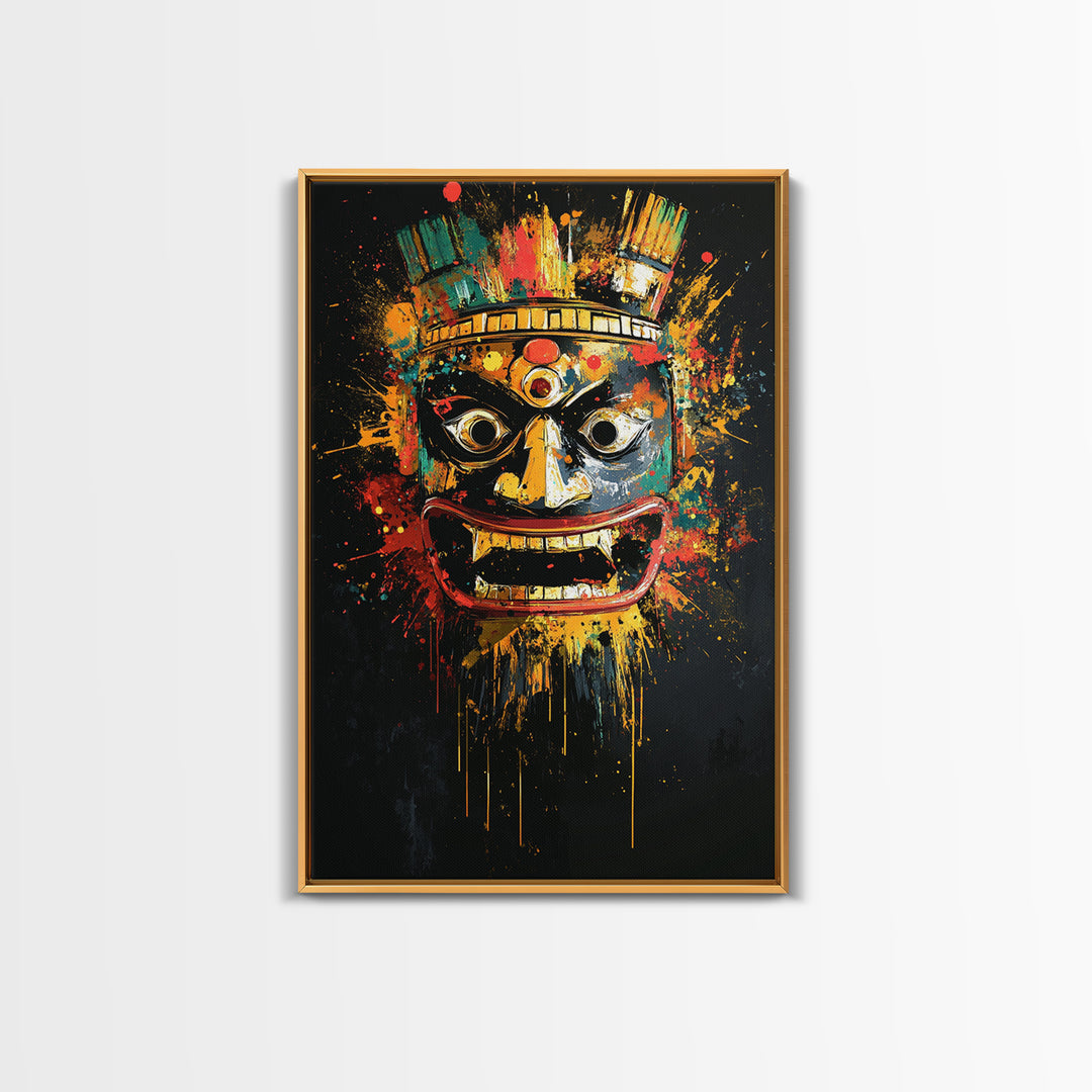 Aztec Warrior Mask Gold Canvas Print, Tribal Wall Art, Splatter Style Decor, Real Wood Frame, Bold Statement Piece