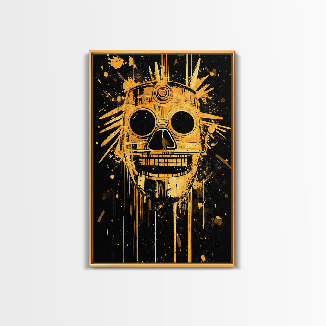 Inca Sun God Mask Gold Canvas Print, Ancient Tribal Wall Art, Splatter Ink Style, Real Wood Frame, Bold Home Decor