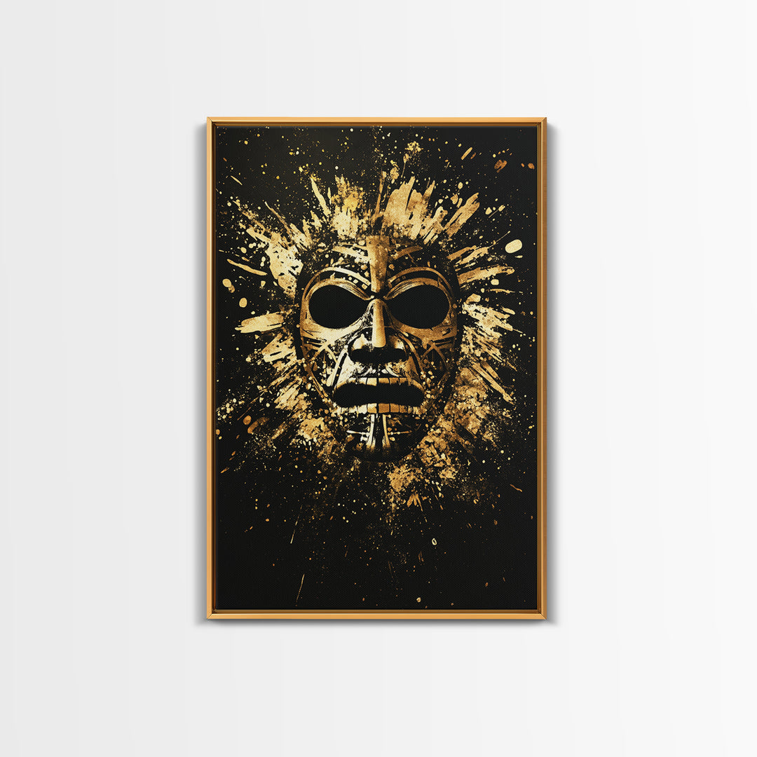 Mayan Ritual Mask Gold Canvas Print, Ancient Tribal Wall Art, Splatter Paint Style, Real Wood Frame, Bold Statement Decor