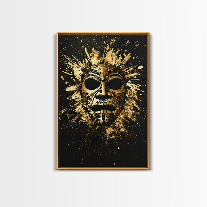 Mayan Ritual Mask Gold Canvas Print, Ancient Tribal Wall Art, Splatter Paint Style, Real Wood Frame, Bold Statement Decor