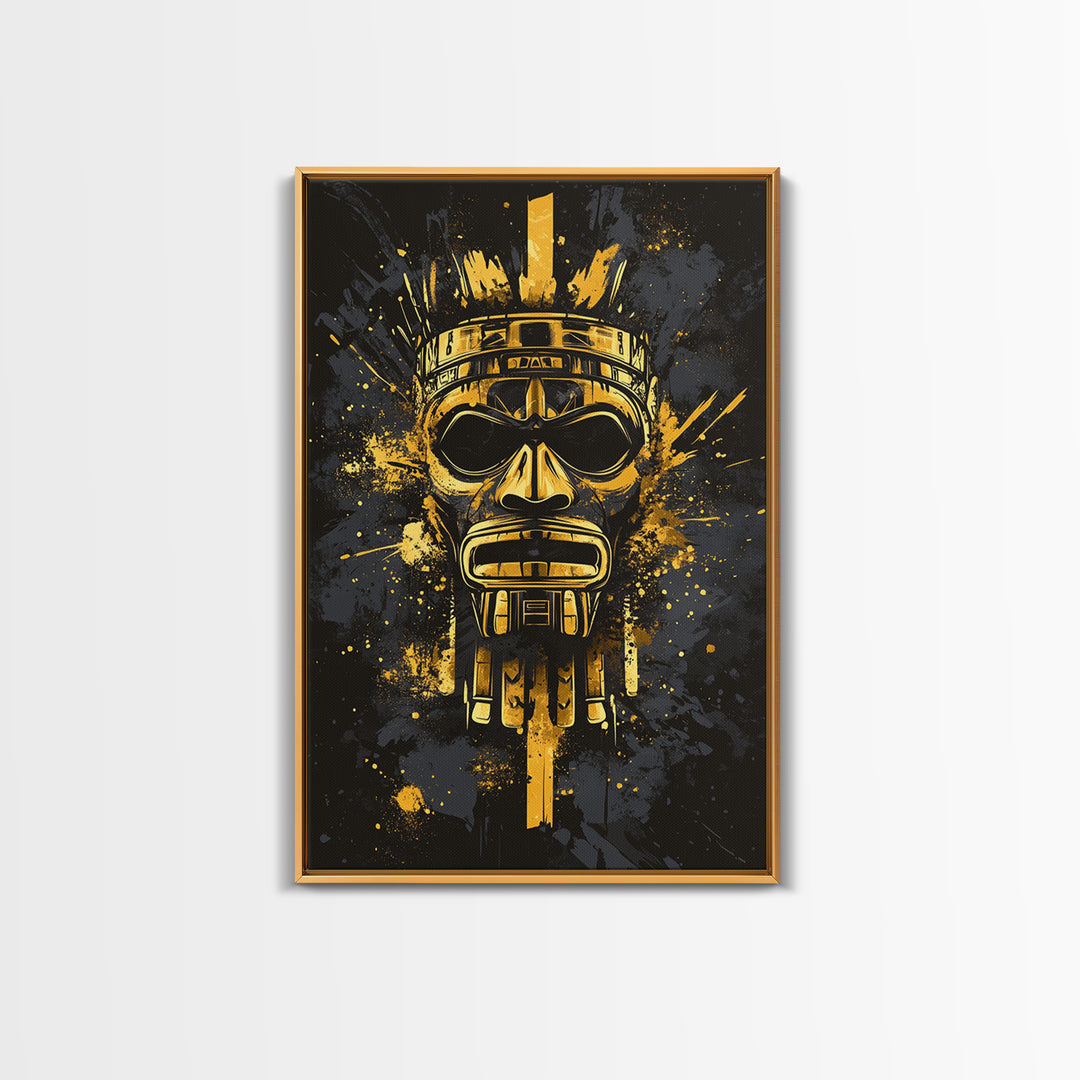 Aztec Chief Mask Gold Canvas Print, Tribal Heritage Wall Art, Splatter Ink Style, Real Wood Frame, Striking Home Accent
