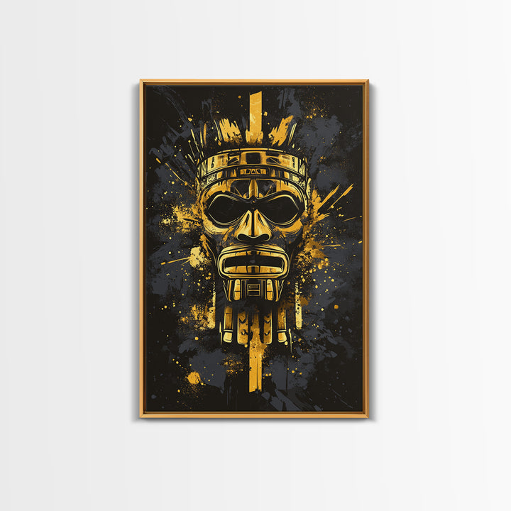 Aztec Chief Mask Gold Canvas Print, Tribal Heritage Wall Art, Splatter Ink Style, Real Wood Frame, Striking Home Accent