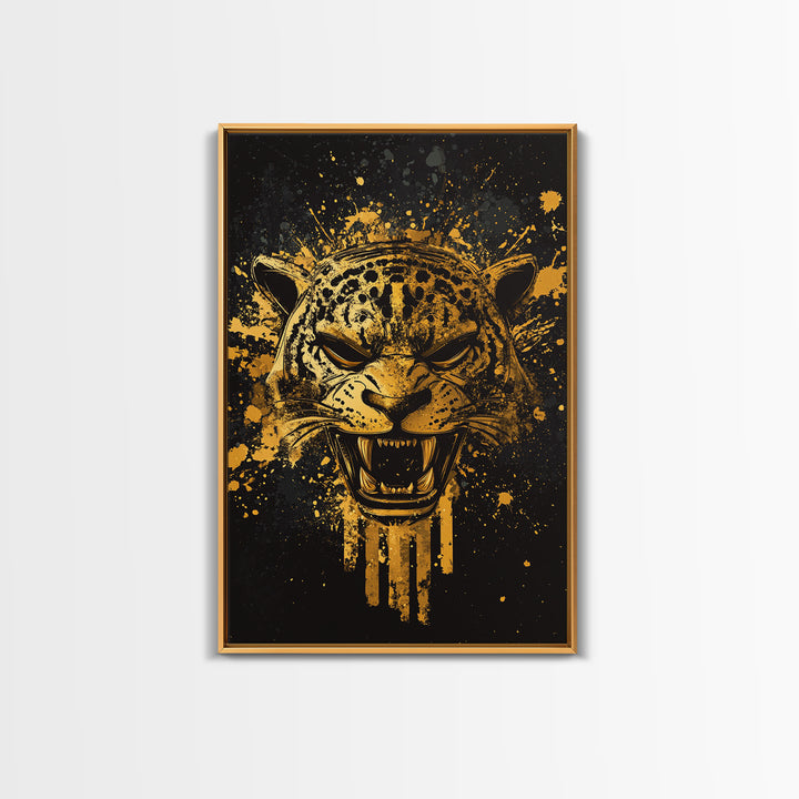 Jaguar Warrior Gold Canvas Print, Aztec Animal Spirit Wall Art, Splatter Ink Style, Real Wood Frame, Fierce Tribal Decor
