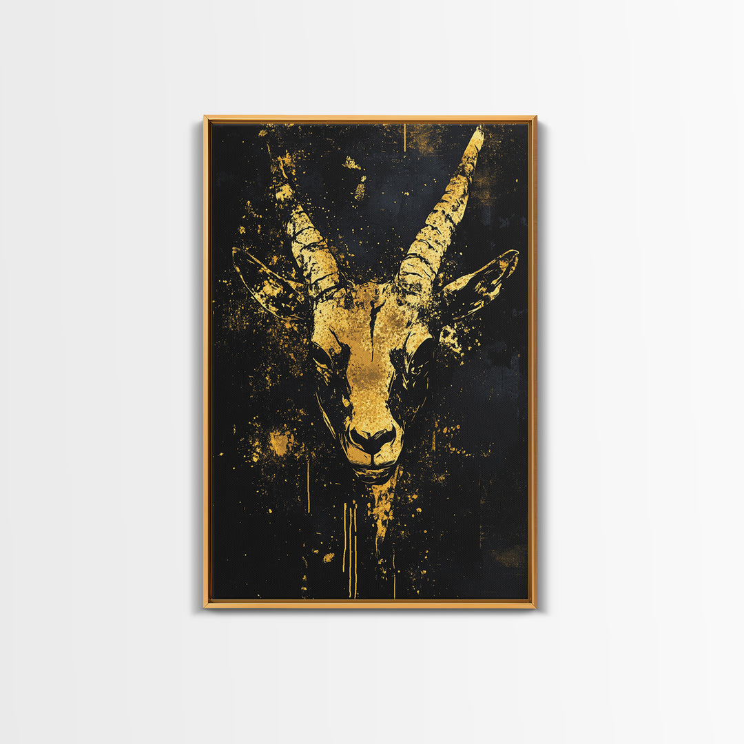 Antelope Spirit Gold Canvas Print, Tribal Wildlife Wall Art, Splatter Style Ink, Real Wood Frame, Minimalist Statement Decor