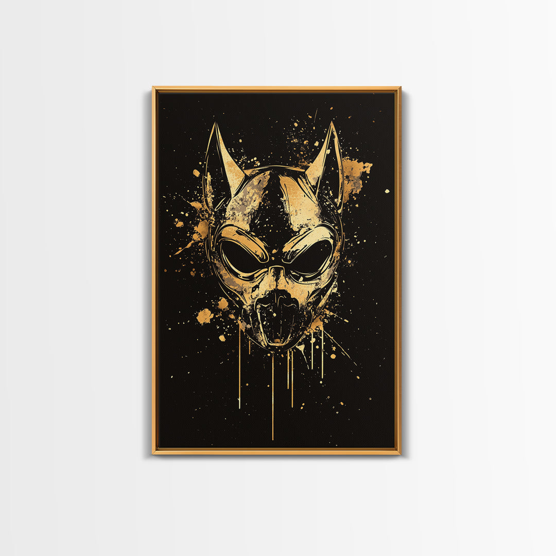 Dog Spirit Mask Gold Canvas Print, Tribal Guardian Wall Art, Splatter Style Ink, Real Wood Frame, Fierce Bold Home Decor