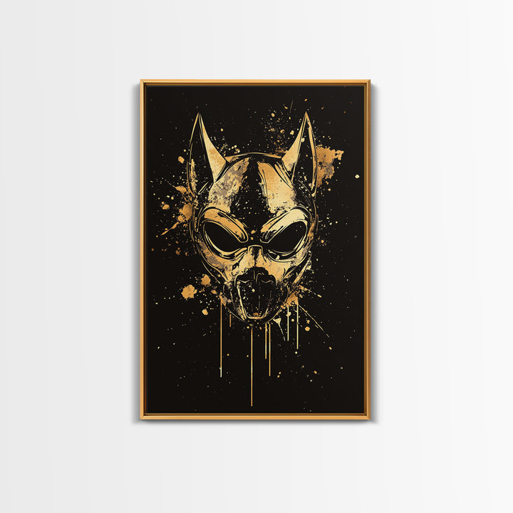 Dog Spirit Mask Gold Canvas Print, Tribal Guardian Wall Art, Splatter Style Ink, Real Wood Frame, Fierce Bold Home Decor