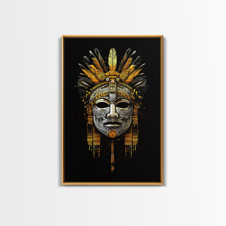 Aztec Feathered Mask Gold Canvas Print, Ornate Tribal Face Art, Ethnic Wall Hanging Decor, Real Wood Frame