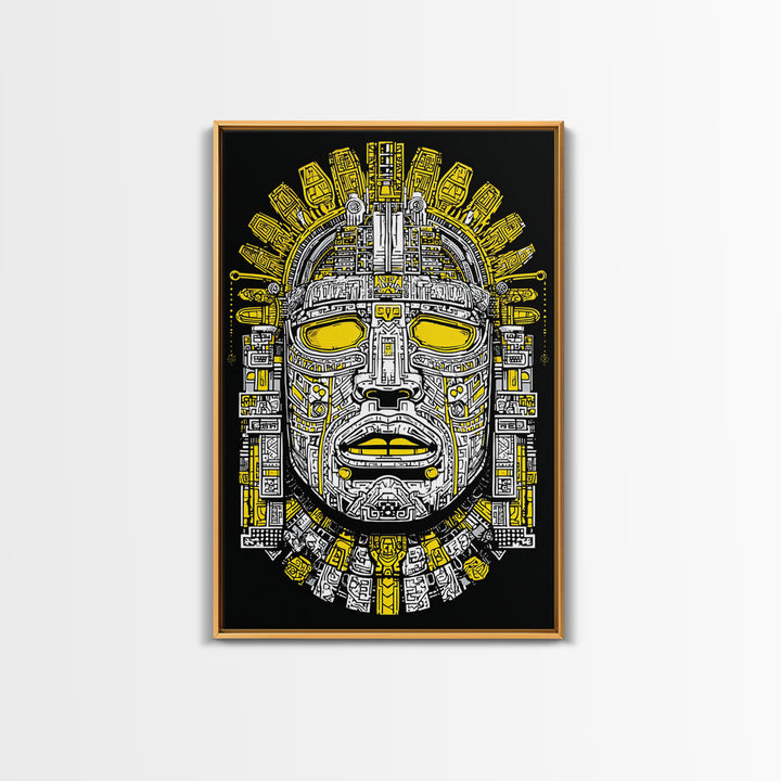Aztec Sun Mask Gold Canvas Print, Bold Tribal Face Artwork, Ancient Splatter Style Wall Decor, Real Wood Frame