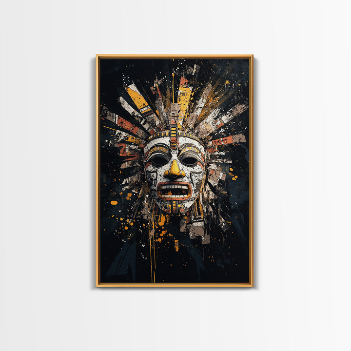 Aztec Feather Headdress Gold Canvas Print, Ornate Tribal Face Artwork, Mythic Wall Decor, Real Wood Frame