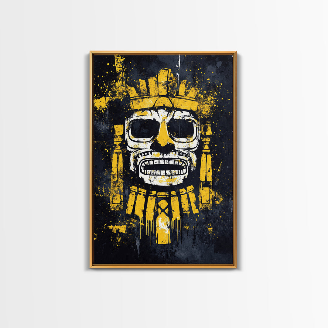 Aztec Feathered Warrior Gold Canvas Print, Ornate Tribal Face Artwork, Ancient Wall Decor, Real Wood Frame