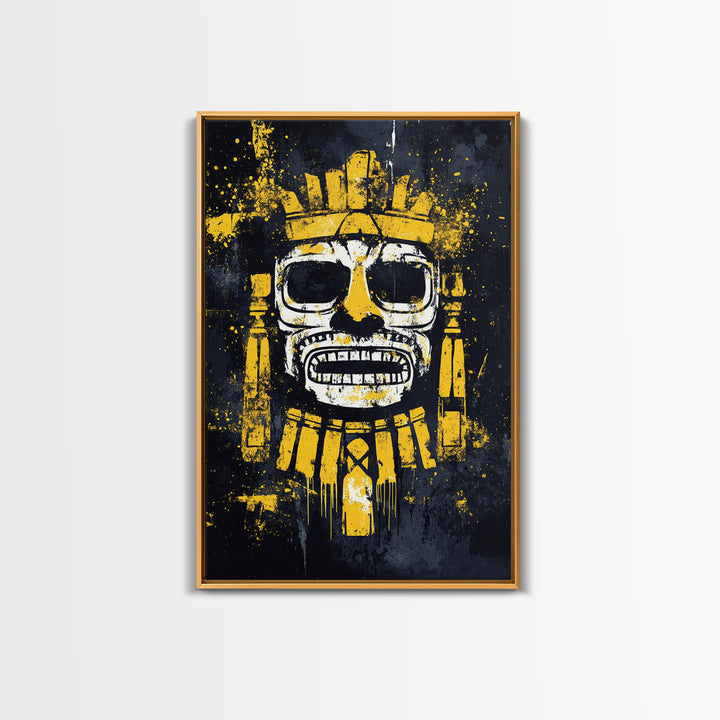 Aztec Feathered Warrior Gold Canvas Print, Ornate Tribal Face Artwork, Ancient Wall Decor, Real Wood Frame