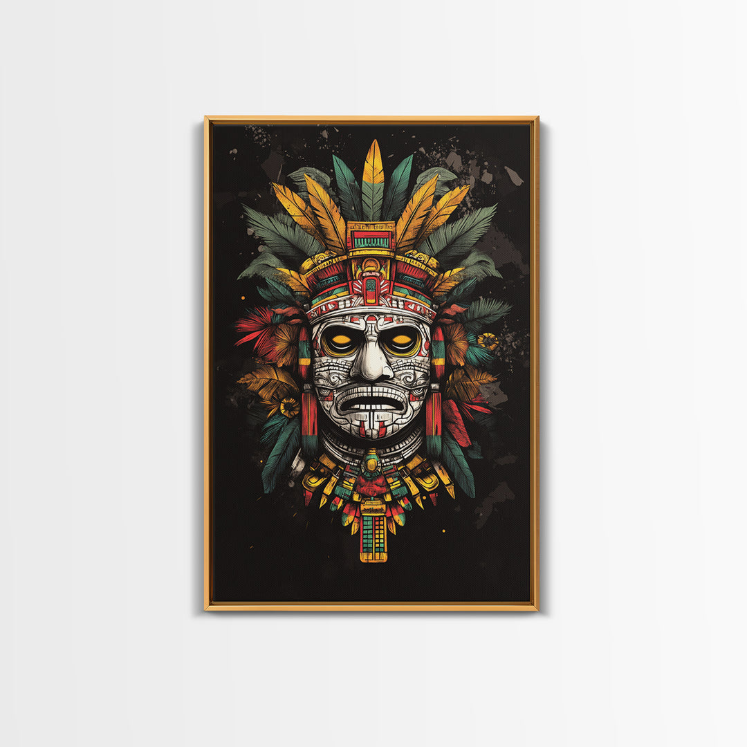 Aztec Sun God Mask Gold Canvas Print, Ornate Tribal Face Artwork, Ancient Mythic Wall Hanging Decor, Real Wood Frame
