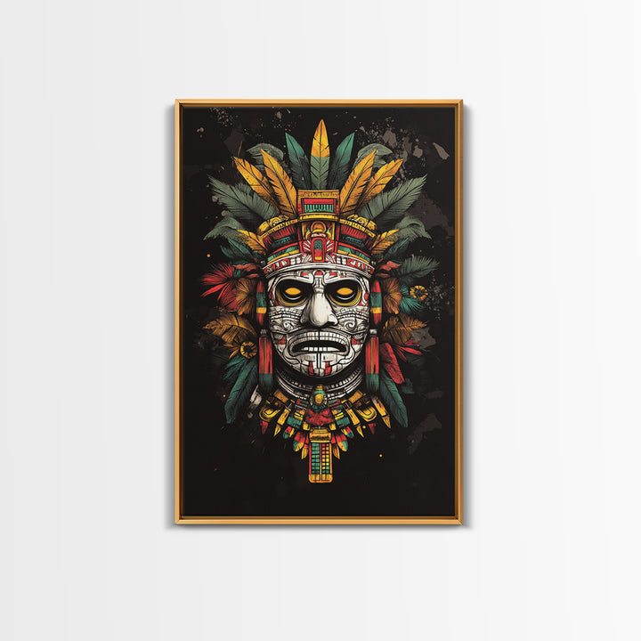 Aztec Sun God Mask Gold Canvas Print, Ornate Tribal Face Artwork, Ancient Mythic Wall Hanging Decor, Real Wood Frame