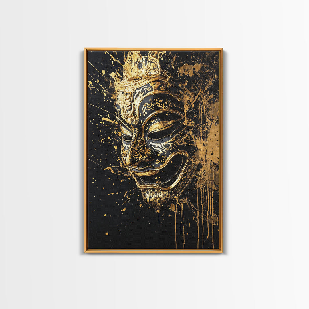 Traditional Mask Gold Canvas Art, Intricate Wall Art, Cultural Spirit Artwork, Real Wood Frame, Unique Splatter Pattern Home Decor