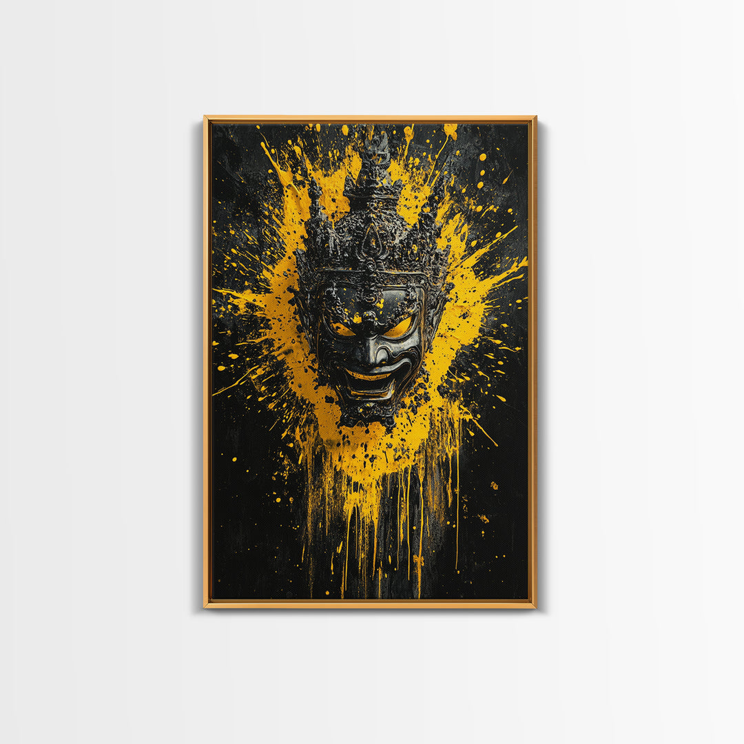 Tribal Mask Gold Canvas Print, Modern Splatter Art, Cultural Wall Decor, Bold Tribal Artwork, Real Wood Framed