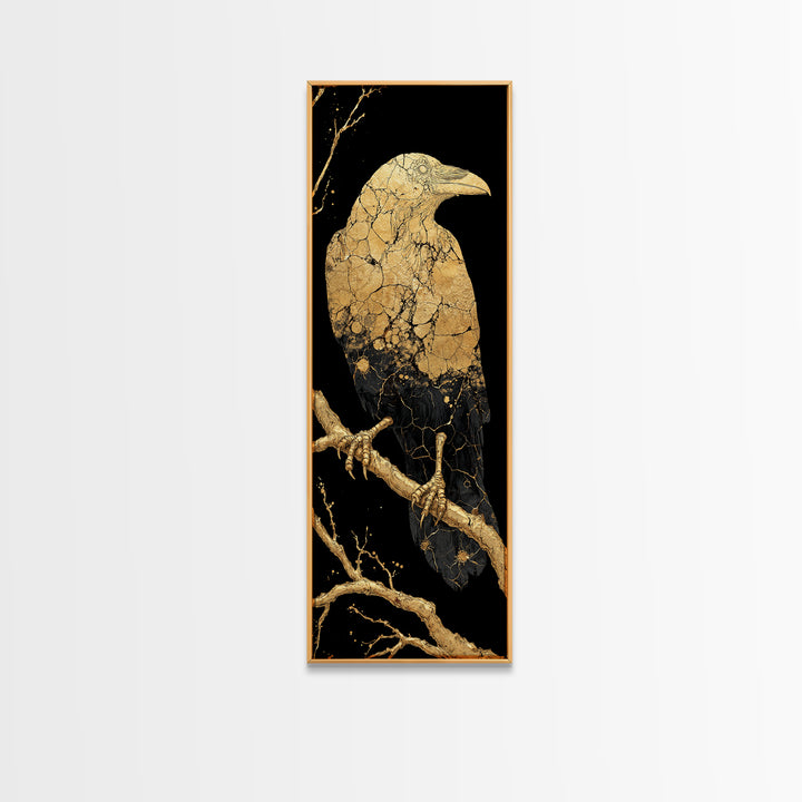 Odin’s Raven Huginn Canvas Gold Art Canvas Art, Norse Mythology Viking Wall Decor for Office or Man Cave, framed with real wood