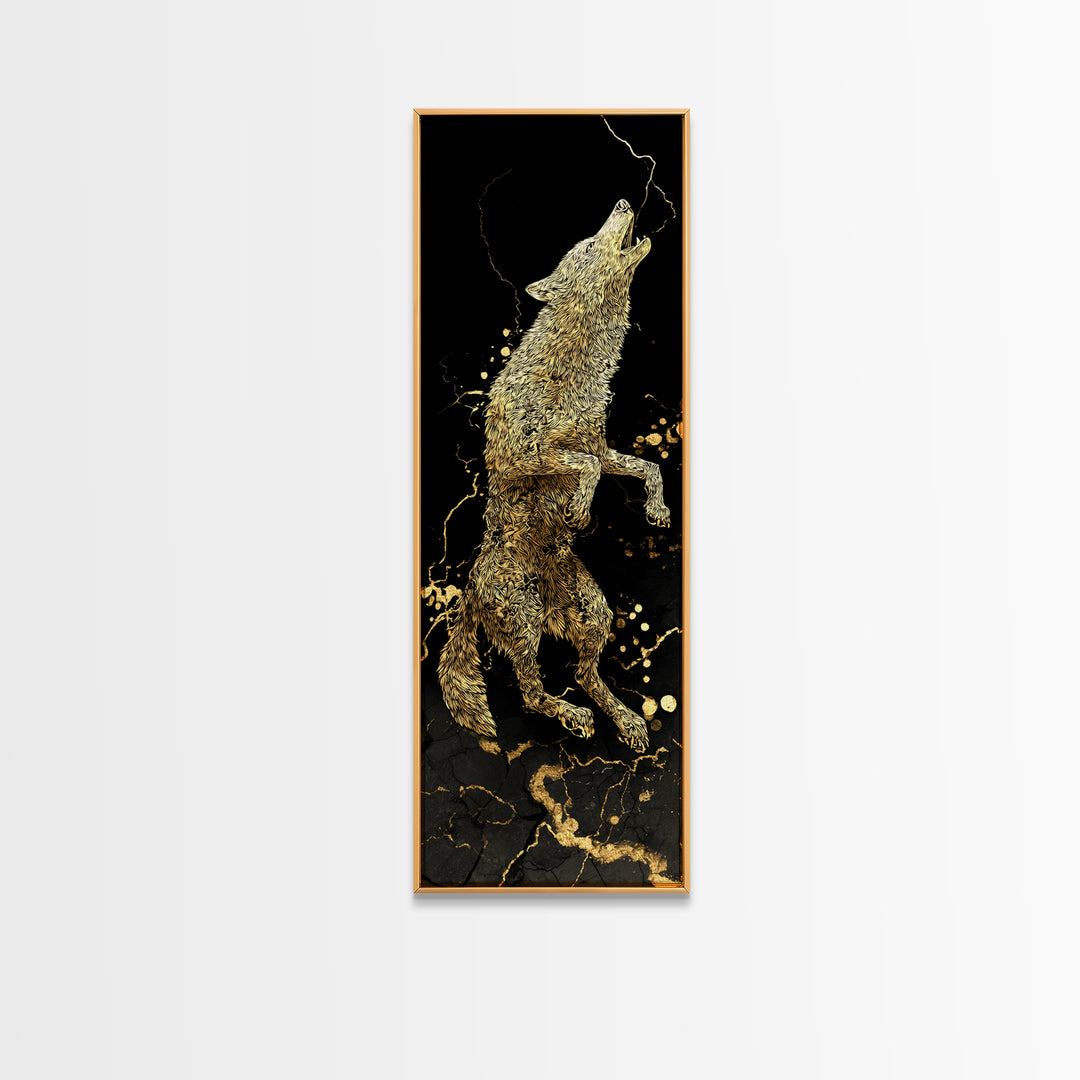 Wolf Fenrir Norse Mythology Canvas Gold Art Canvas Art, Viking Office Wall Decor for Men, framed in natural real wood