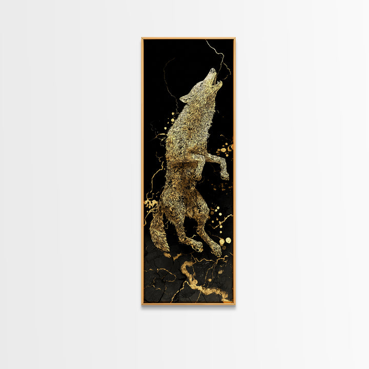 Wolf Fenrir Norse Mythology Canvas Gold Art Canvas Art, Viking Office Wall Decor for Men, framed in natural real wood