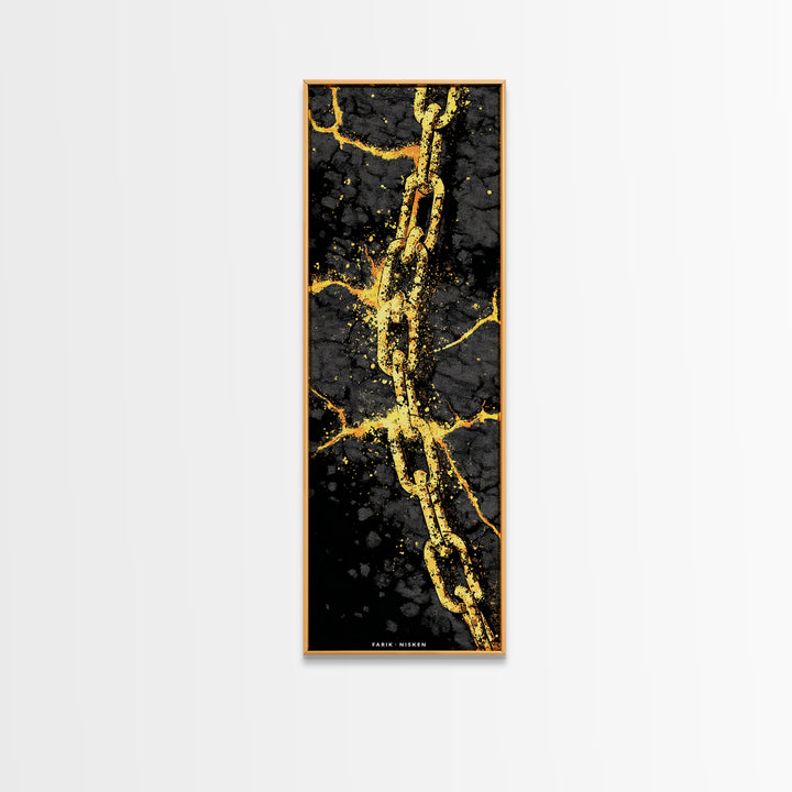 Gleipnir Chain of Fenrir Canvas Gold Art Canvas Art, Norse Mythology Viking Decor for Man Cave, in a natural wood frame