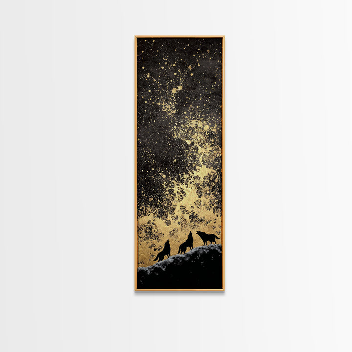 Howling Wolves Norse Night Canvas Gold Art Canvas Art, Nordic Mythology Wall Art for Men’s Office, framed with real wood