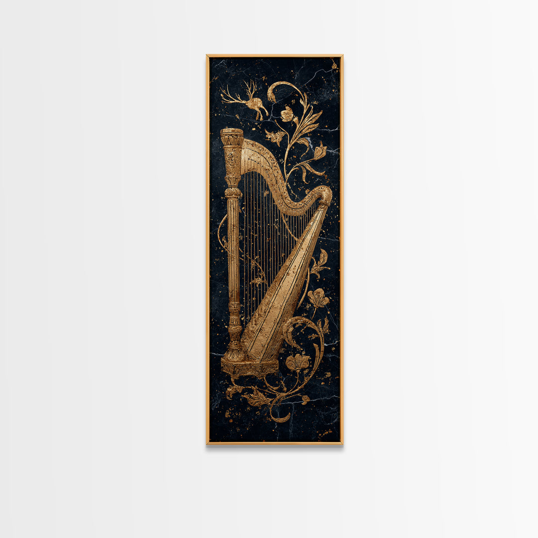 Golden Harp Nordic Wall Art, Wood Framed Canvas Art, Canvas Gold Art, Gold Leaf, Gold Foil Art