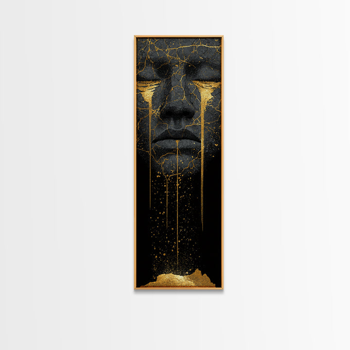 Crying Norse Mask Canvas Gold Art Canvas Art | Nordic Mythology Wall Decor for Man Cave or Office | Framed in Natural Wood