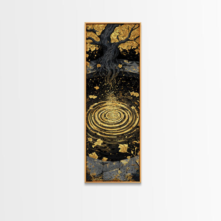 Yggdrasil Tree Canvas Gold Art Canvas Art | Nordic Mythology Wall Art of World Tree | Viking Office Decor Framed with Natural Wood