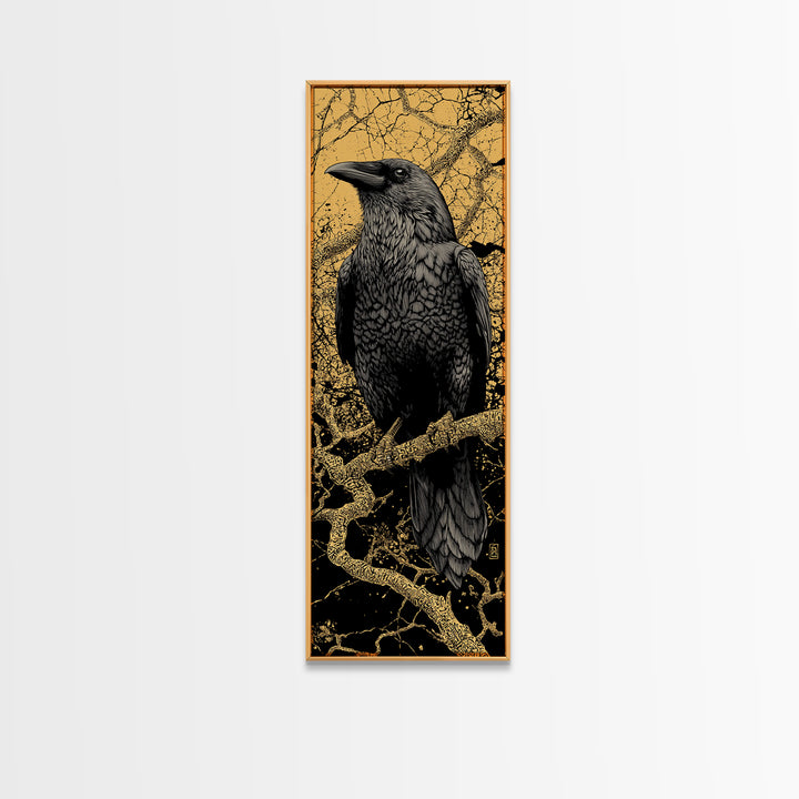 Hugin Raven Canvas Gold Art Canvas Art | Nordic Mythology Wall Decor of Odin’s Raven | Viking Office Art Framed in Natural Wood
