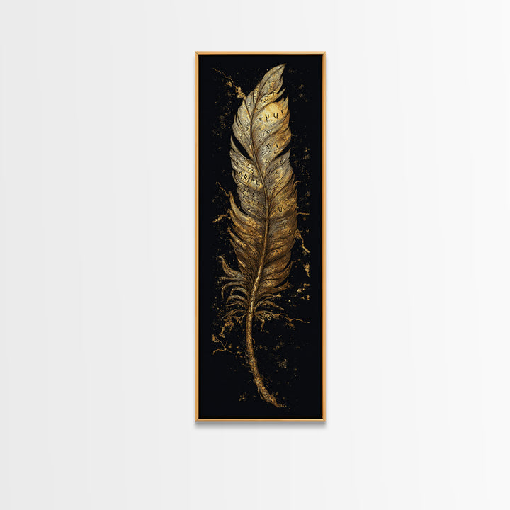 Canvas Gold Art Viking Rune Feather Canvas Art, Nordic Mythology Wall Decor for Office or Man Cave, framed in natural wood