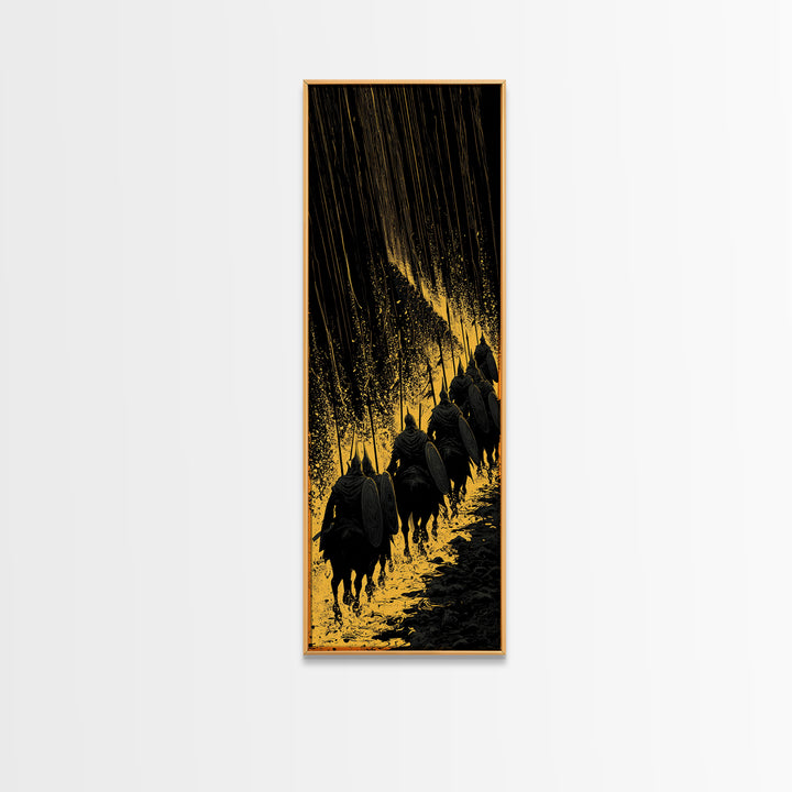 Einherjar Warriors Canvas Gold Art, Viking Battle Canvas Art with Norse Mythology Theme, Office or Man Cave Wall Decor in Real Wood Frame