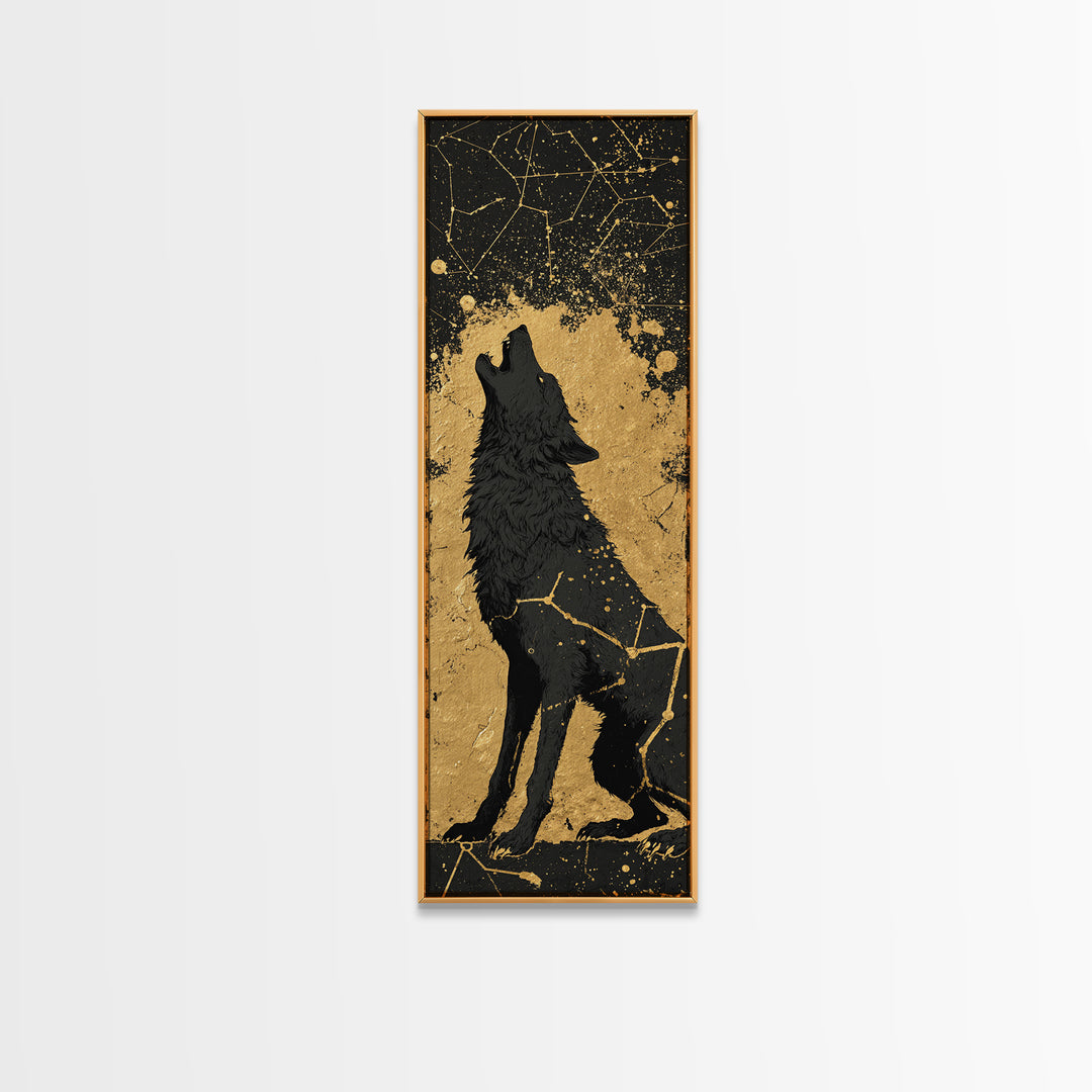 Fenrir Wolf Canvas Gold Art, Norse Mythology Canvas Art Depicting Legendary Wolf, Viking Office Art or Man Cave Decor with Real Wood Framing