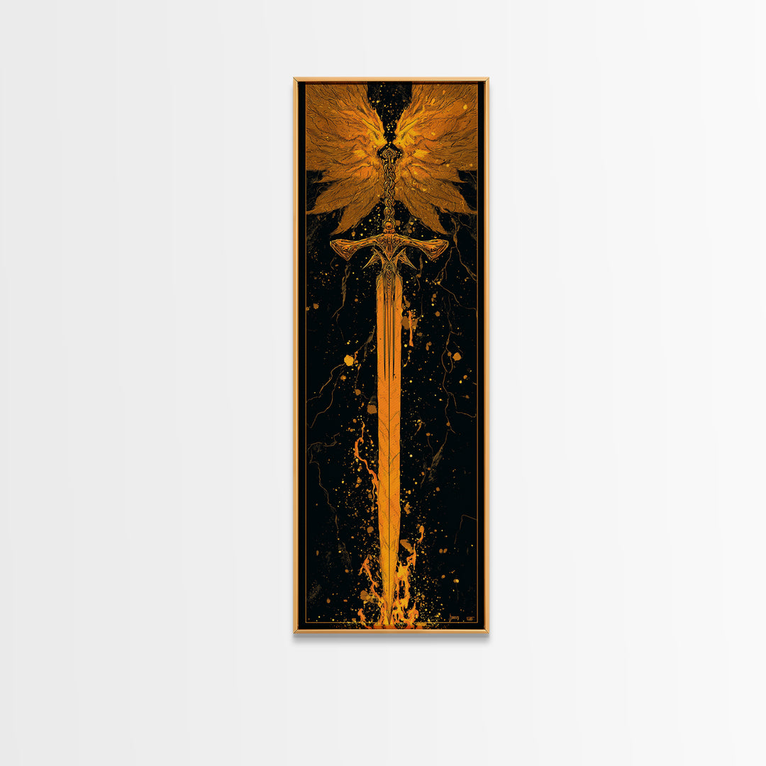 Norse Viking Sword Canvas Gold Art, Nordic Mythology Canvas Art Featuring Golden Weapon, Man Cave Office Wall Decor with Elegant Natural Wood Frame