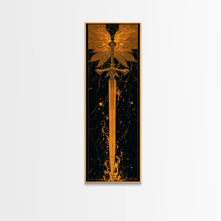 Norse Viking Sword Canvas Gold Art, Nordic Mythology Canvas Art Featuring Golden Weapon, Man Cave Office Wall Decor with Elegant Natural Wood Frame