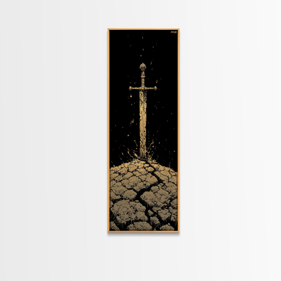 Sword of the North Canvas Gold Art – Viking Mythology Canvas Art for Man Cave or Office, framed in natural real wood