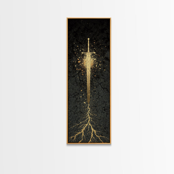 Canvas Gold Art of Runic Viking Sword – Nordic Mythology Canvas Art, Norse Decor with real wood frame, perfect Dad Gift