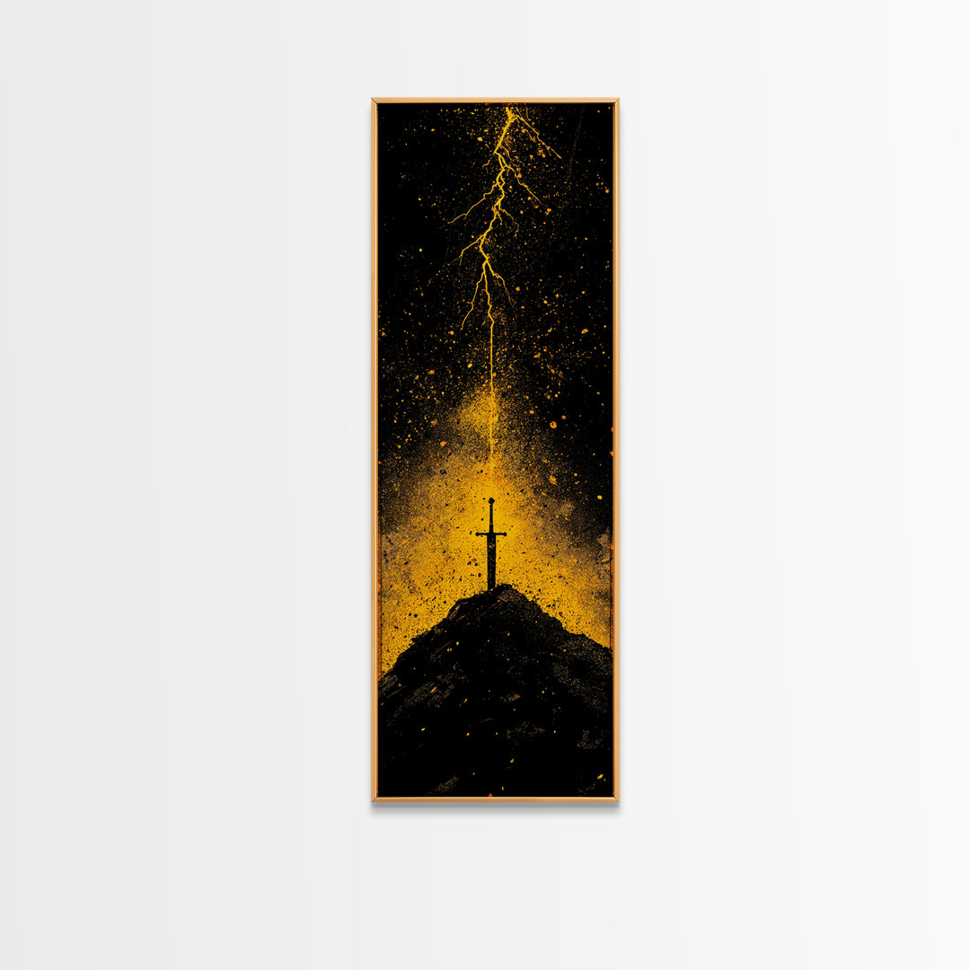 Canvas Art Norse Sword of Power – Canvas Gold Art inspired by Viking legends, wall décor framed in authentic real wood