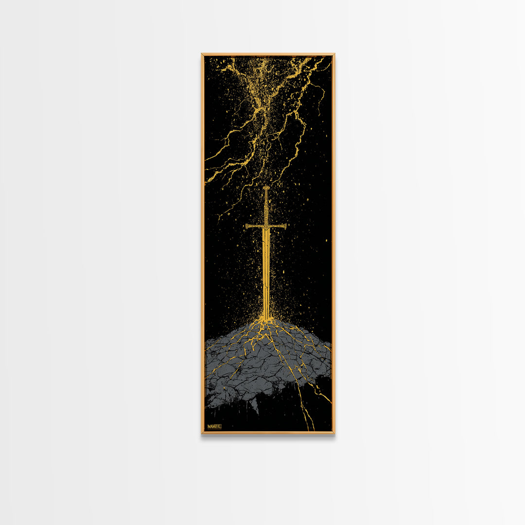 Viking Sword Under Thunder Canvas Gold Art – Nordic Mythology Canvas Art, bold wall décor for office, with real wood frame