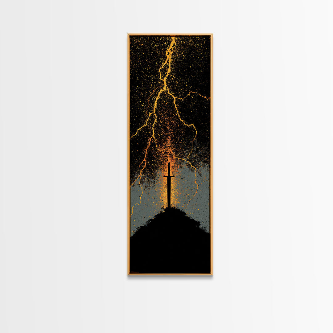 Mythic Norse Sword Canvas Gold Art – Viking-inspired Canvas Art, perfect Man Cave Art or Office Gift, framed in natural wood