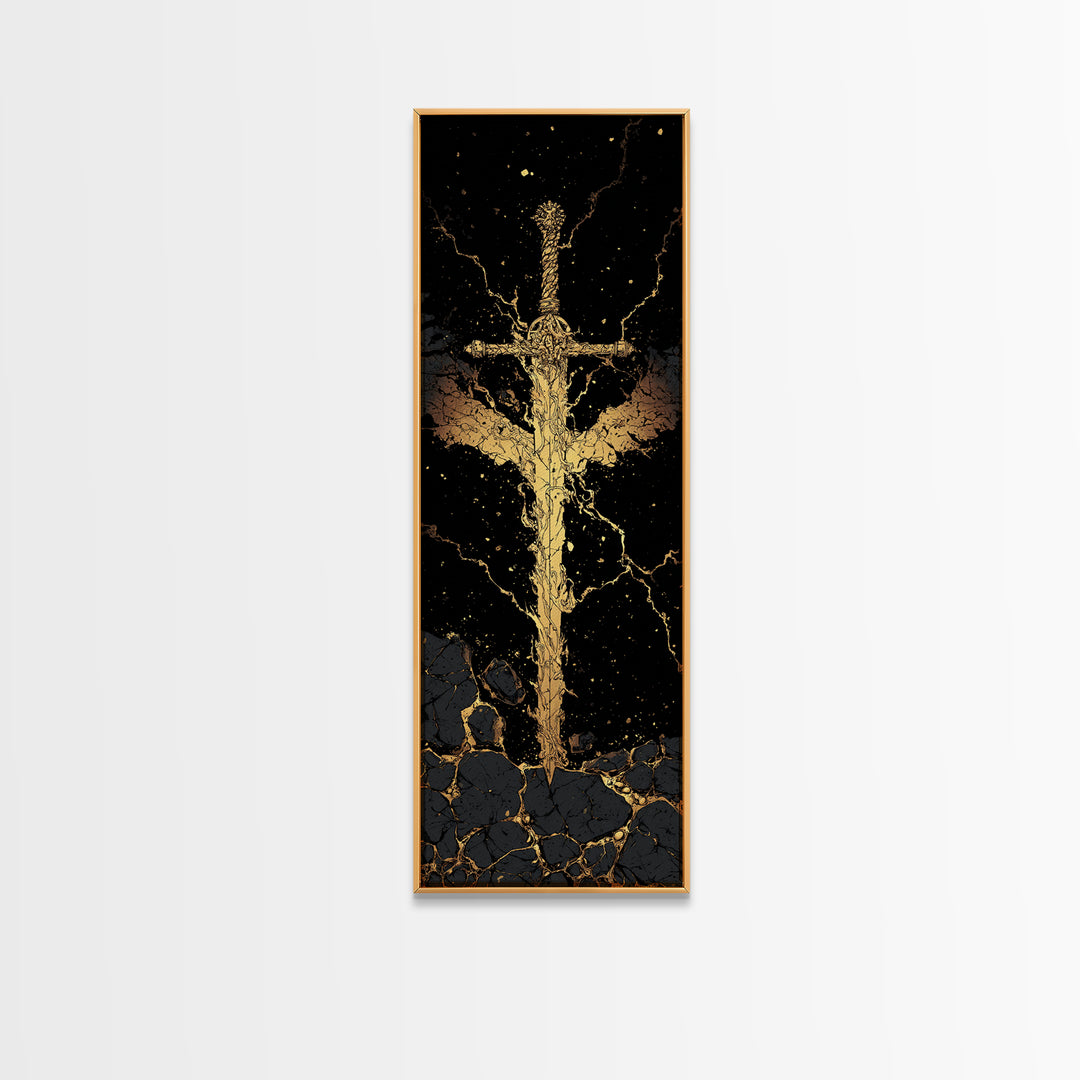 Golden Sword Canvas Gold Art, Norse Mythology Viking Canvas Art Depicting Mythic Blade, Office Art or Man Cave Decor in Real Wood Framing