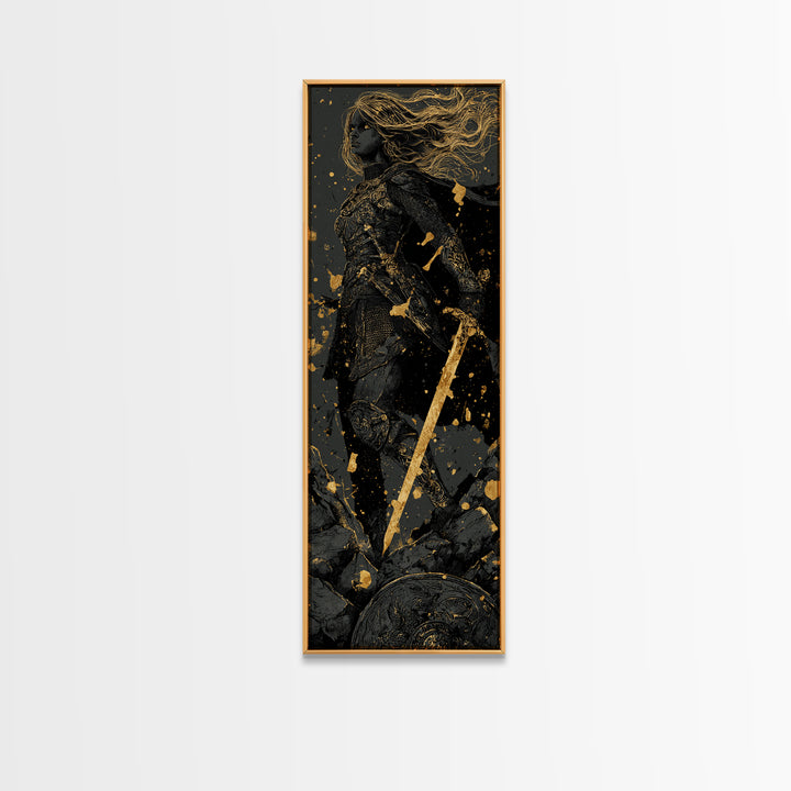 Nordic Shieldmaiden Hervor Canvas Gold Art – Epic Viking Canvas Art, Man Cave wall décor in real wood frame, Dad Gift