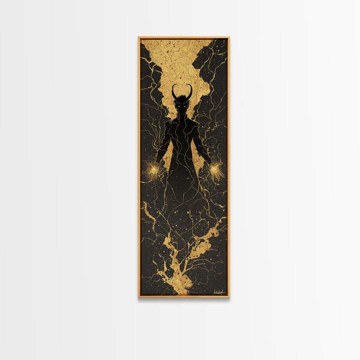 Loki Trickster God Canvas Gold Art – Dark Norse Mythology Canvas Art, Viking wall décor for men, framed in solid real wood