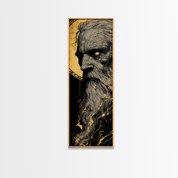 Odin Canvas Gold Art, Viking Canvas Art Norse Allfather Portrait, Nordic Mythology Wall Decor for Man Cave or Office in Wood Frame