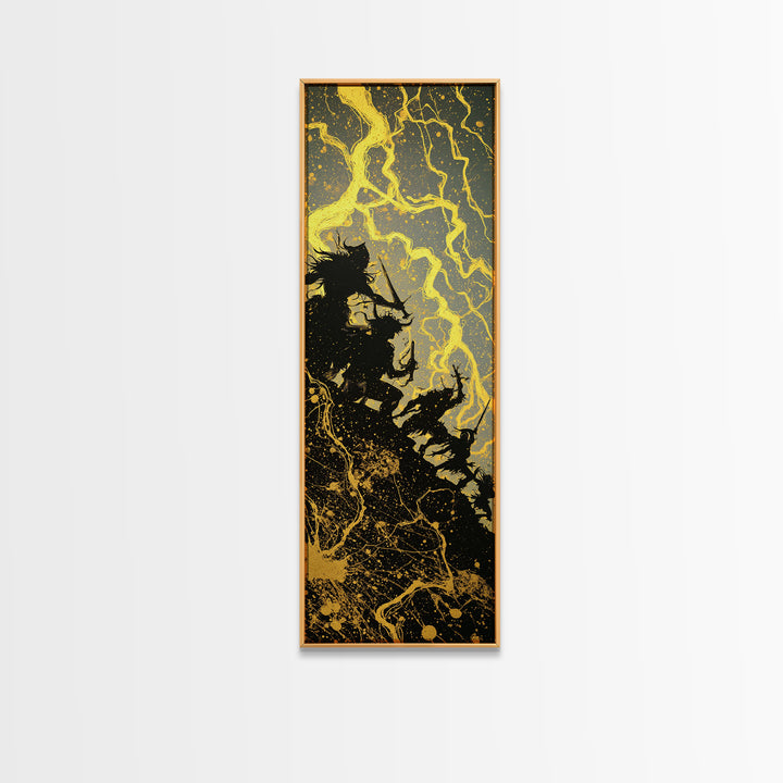 Ragnarok Canvas Gold Art, Viking Canvas Art Epic Norse Mythology Battle Scene, Nordic Warrior Office Wall Decor Framed in Natural Wood