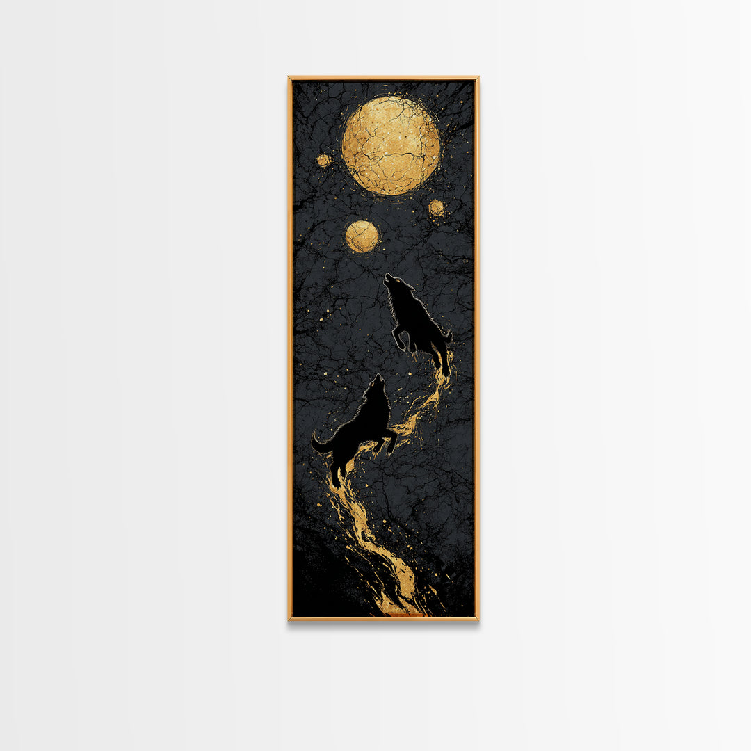 Sköll and Hati Wolves Canvas Gold Art, Viking Canvas Art Norse Mythology Wall Decor, Nordic Moon Wolves Office or Man Cave in Wood Frame