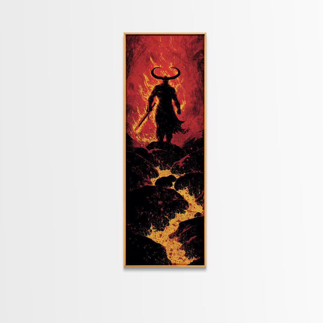 Surtur Norse Fire Giant Canvas Gold Art, Viking Canvas Art Nordic Mythology Warrior Decor, Office or Dad Gift Framed in Natural Wood