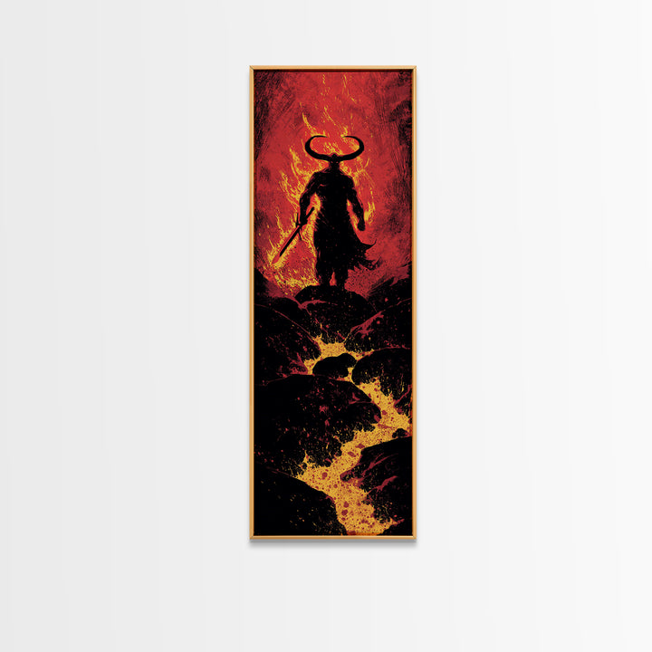 Surtur Norse Fire Giant Canvas Gold Art, Viking Canvas Art Nordic Mythology Warrior Decor, Office or Dad Gift Framed in Natural Wood